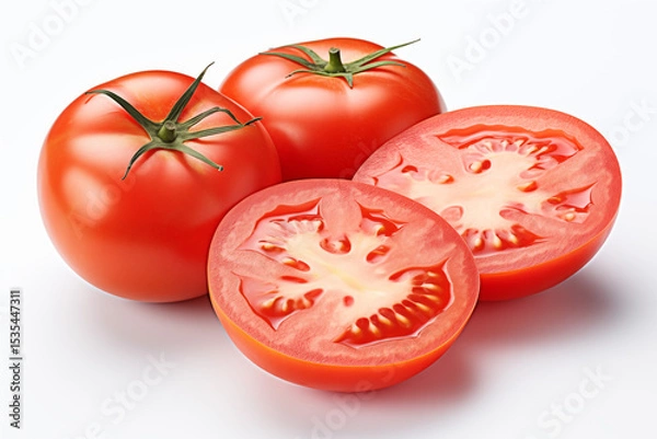 Fototapeta 2 tomatoes and 1 sliced ​​tomato isolated on white background.