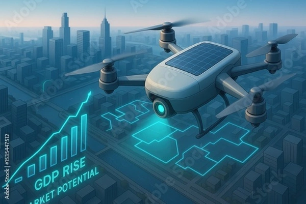 Fototapeta Futuristic Drone Over City Skyline Representing Technology and Market Growth Potential