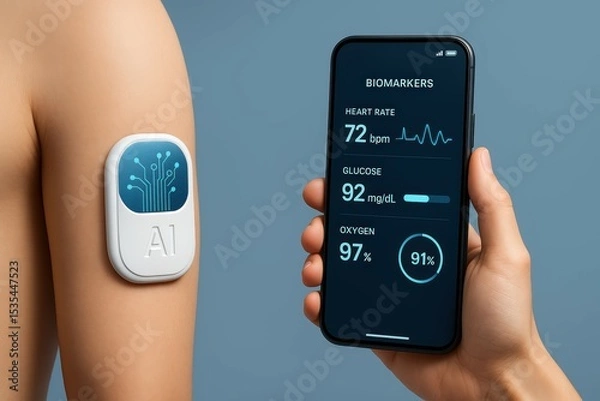 Fototapeta Advanced Health Monitoring Device Attached to Skin with Smartphone Displaying Vital Biomarkers Data