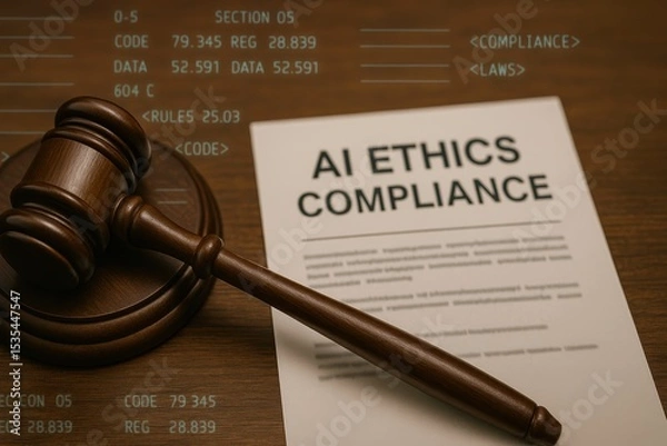 Fototapeta Legal Gavel on Paper Document Titled AI Ethics Compliance in Office Setting with Data Background