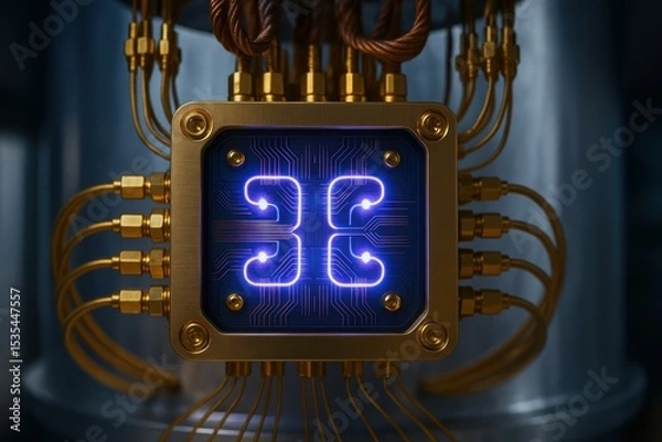 Fototapeta Quantum Processor with Complex Circuitry in a High-Tech Environment Featuring Bright Blue Lights