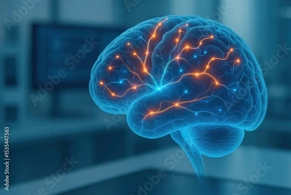 Fototapeta Futuristic Concept of Human Brain with Neural Connections in Digital Environment