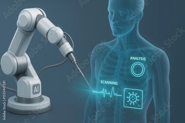 Obraz Robotic Arm and Human Body Analysis with Virtual Display of AI Scanning and Diagnostic Data