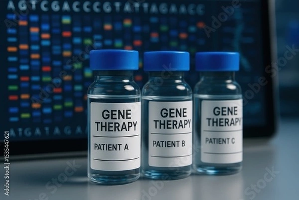 Fototapeta Gene Therapy Vials on Laboratory Counter in Front of DNA Sequence Chart Display