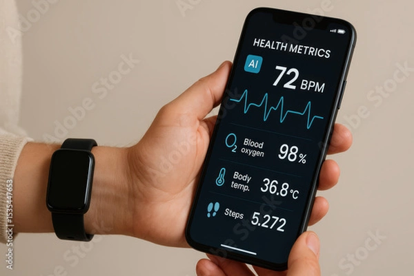 Fototapeta Person Holding Smartphone Displaying Health Metrics and Smartwatch on Wrist