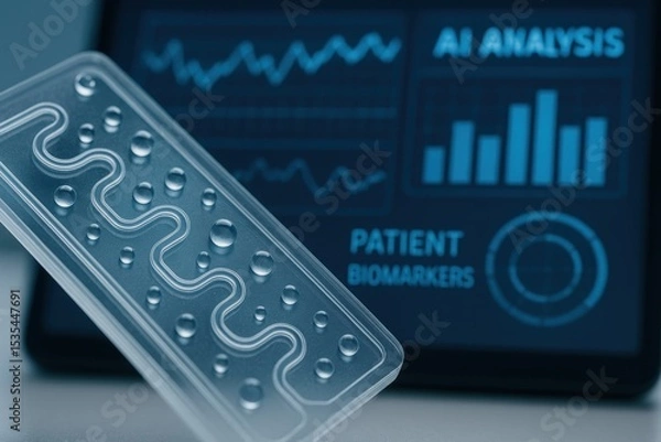 Fototapeta Advanced Medical Technology Display with Liquid Biopsy Chip and Data Visualization Interface