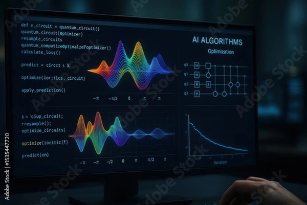 Fototapeta Visualization of AI Algorithms with Quantum Circuits and Optimization Techniques in a Dark Environment