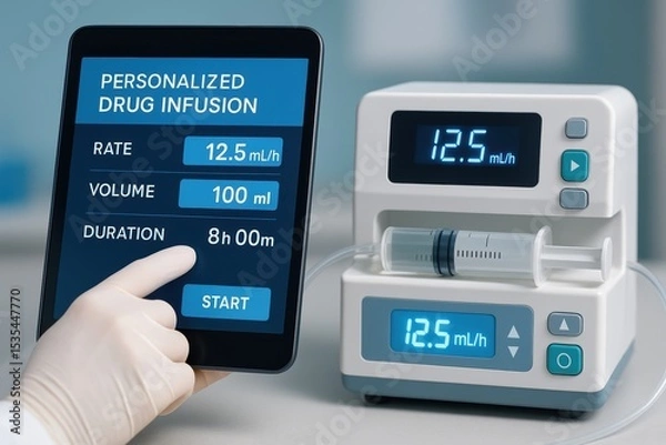 Fototapeta Personalized Drug Infusion System Displaying Rate Volume Duration on Tablet and Infusion Pump