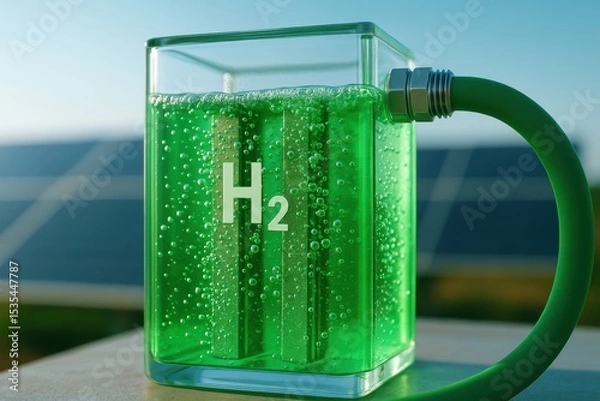 Fototapeta Green Hydrogen Generation in Laboratory with Solar Panels Under Clear Blue Sky