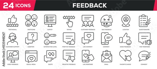 Fototapeta Set of collection line icons related testimonial, feedback, review, satisfaction. Editable stroke. Perfect pixel on transparent background
