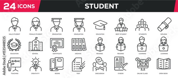 Fototapeta Set of collection line icons related student, education, diploma, learning. Editable stroke. Perfect pixel on transparent background