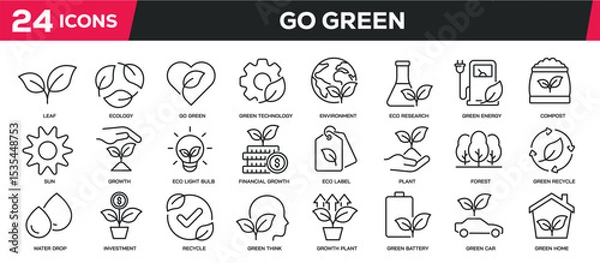Fototapeta Set of collection line icons related green ecology, environment, green earth. Editable stroke. Perfect pixel on transparent background