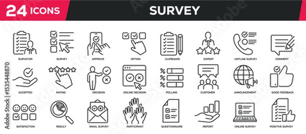 Fototapeta Set of collection line icons related survey, opinion, questionnaire. Editable stroke. Perfect pixel on transparent background