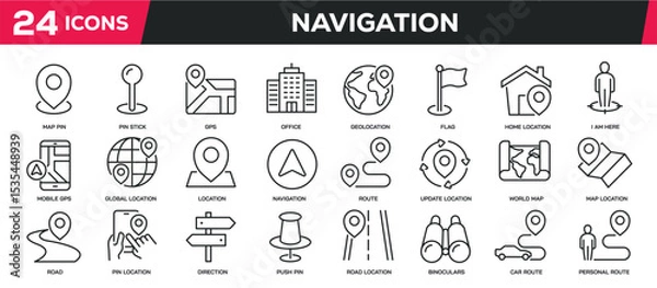Fototapeta Set of collection line icons related location, navigation, map, GPS. Editable stroke. Perfect pixel on transparent background