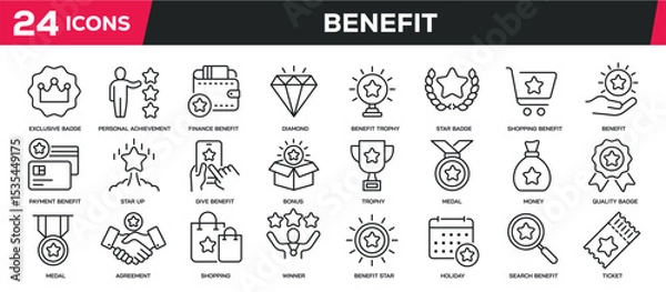 Fototapeta Set of collection line icons related benefit, bonus, reward, intensive. Editable stroke. Perfect pixel on transparent background