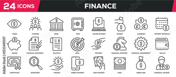 Fototapeta Set of collection line icons related finance, money, bank. Editable stroke. Perfect pixel on transparent background