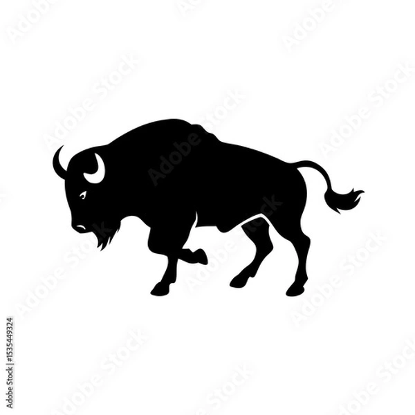 Fototapeta Silhouette of a bison standing with its head lowered and a short tail, isolated on a white background created with generated ai