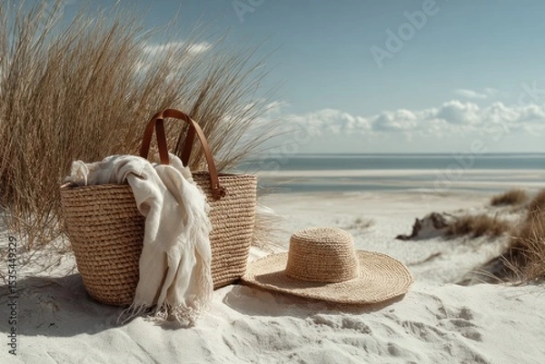 Fototapeta A straw bag and hat rest on soft sand with grass nearby, creating a tranquil beach atmosphere under a bright sky