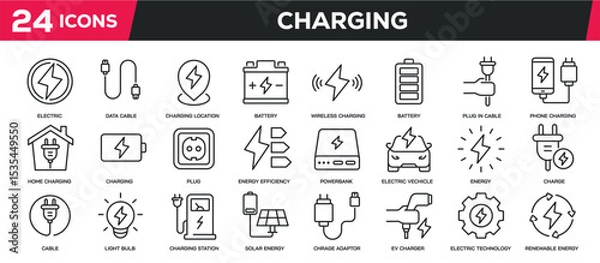 Fototapeta Set of collection line icons related charging, energy, power, electric, battery. Editable stroke. Perfect pixel on transparent background