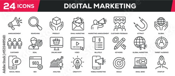 Fototapeta Set of collection line icons related digital marketing, promotion, advertising. Editable stroke. Perfect pixel on transparent background