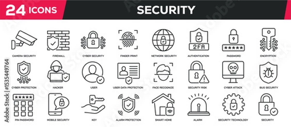 Fototapeta Set of collection line icons related security system, protection, safety, access. Editable stroke. Perfect pixel on transparent background
