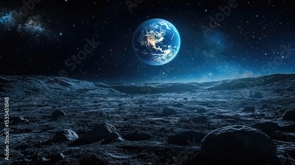 Fototapeta Lunar Landscape with Scattered Craters and Earth in the Sky Above for Space Exploration Themes --
