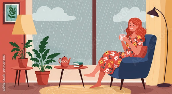 Fototapeta Cozy Woman Enjoying Coffee While Watching Rain Through Window, Relaxing Indoors