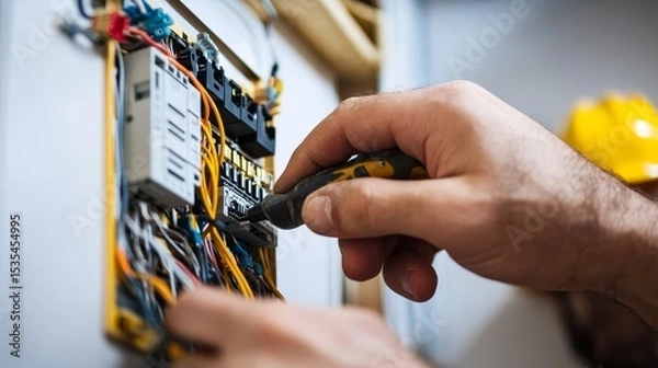Fototapeta A skilled electrician expertly wires a residential house during a home renovation project demonstrating professional electrical work and safety procedures.