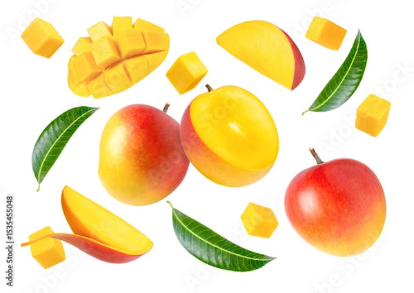 Fototapeta Set of mango and slices isolated on transparent png beckground.