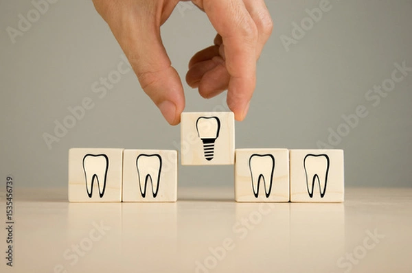 Obraz cubes with images of teeth and dental implant.
