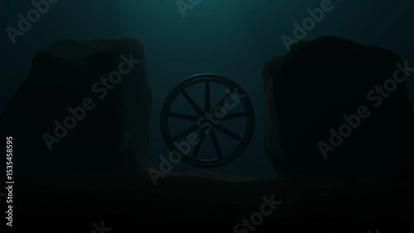 Fototapeta Mysterious Ancient Wheel Submerged in Deep Ocean Depths Surrounded by Glowing Sci-Fi Bioluminescent Lifeforms