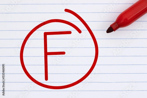 Fototapeta Getting a failing grade with F mark with a red marker on ruled loose leaf notebook paper