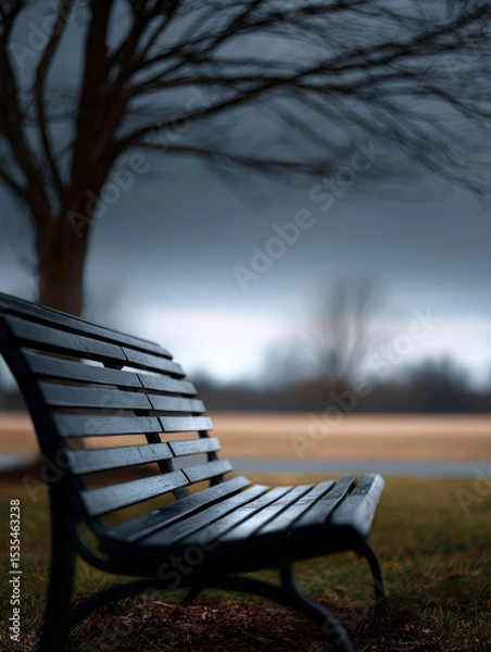 Obraz empty bench under a leafless tree in a moody park scene