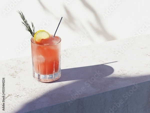 Fototapeta Fruit juice cocktail with rosemary and lime on stone table, neutral background and sunlight highlights.