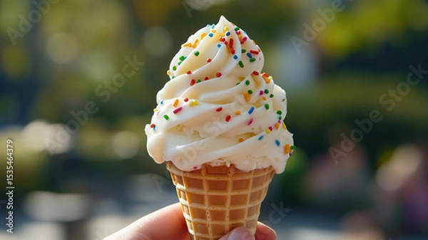 Fototapeta Vanilla soft serve ice cream in waffle cone with colorful sprinkles held outdoors in sunlight. Fun and cheerful summer dessert. Bright and sweet treat.