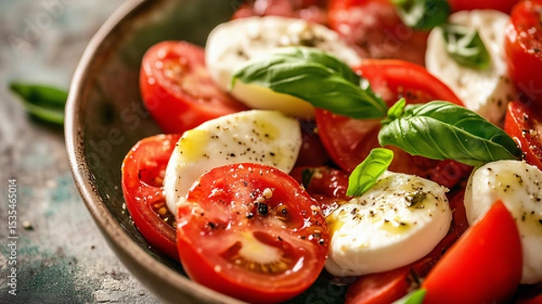 Obraz Italian caprese salad with fresh tomatoes, mozzarella and basil leaves in bowl