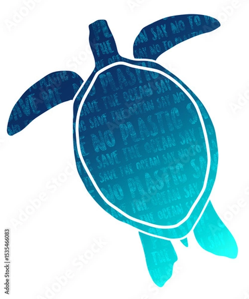 Fototapeta Turtle silhouette with "No Plastic" and "Save the Ocean" text inside. Blue sea turtle silhouette, transparent and isolated illustration.