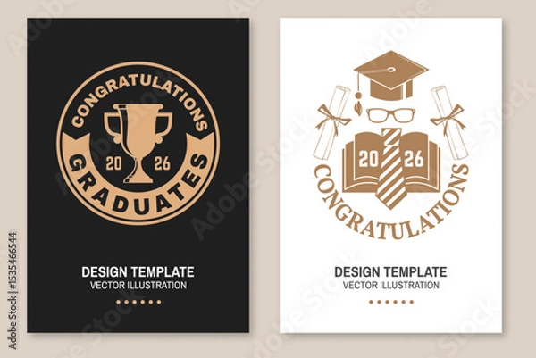 Fototapeta Set of posters and banners for class of 2026 graduation. Congratulations graduates banner sticker card with academic hat for high school or college graduation, diploma, glasses and book. Vector.