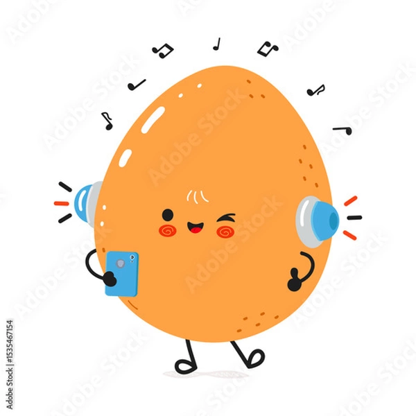Obraz Cute Egg character enjoying music, holding a smartphone, and winking happily