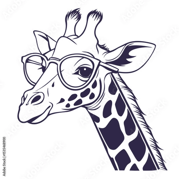 Fototapeta A stylish illustration of a giraffe wearing glasses depicted in a simple black and white vector design