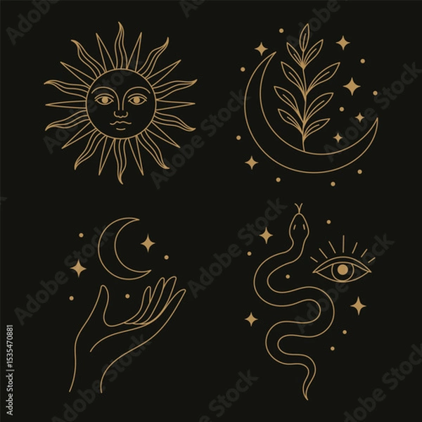 Obraz A collection of witches and wizards in the boho style with images of a butterfly, a hand, a horned god, a face, a crystal ball, the moon, a candle.