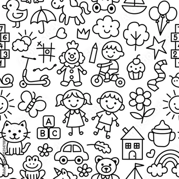 Obraz Preschool kindergarten doodle line seamless pattern. Cute daycare hand drawn elements. Vector illustration
