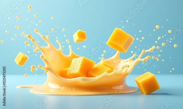Fototapeta Refreshing mango juice splash with freshly cut cubes against a light blue background
