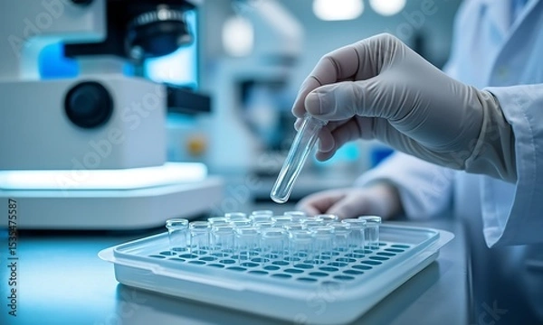Fototapeta Scientist handling a test tube in a laboratory environment near the microscope