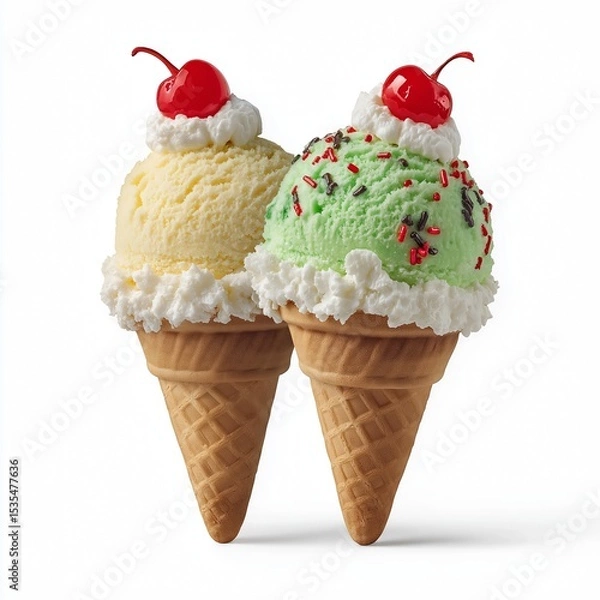 Obraz Ice cream scoops with cone isolated on white background.