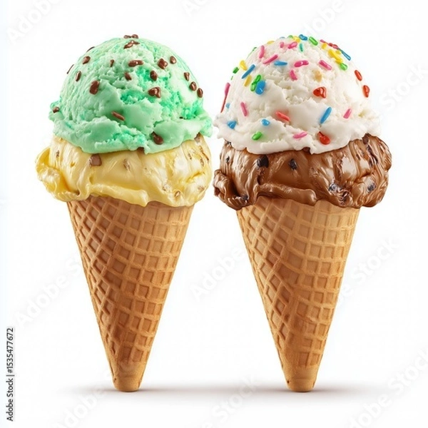 Obraz Ice cream scoops with cone isolated on white background.