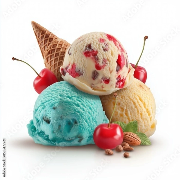 Obraz Ice cream scoops with cone isolated on white background.