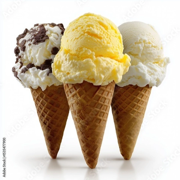 Obraz Ice cream scoops with cone isolated on white background.