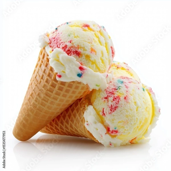 Obraz Ice cream scoops with cone isolated on white background.
