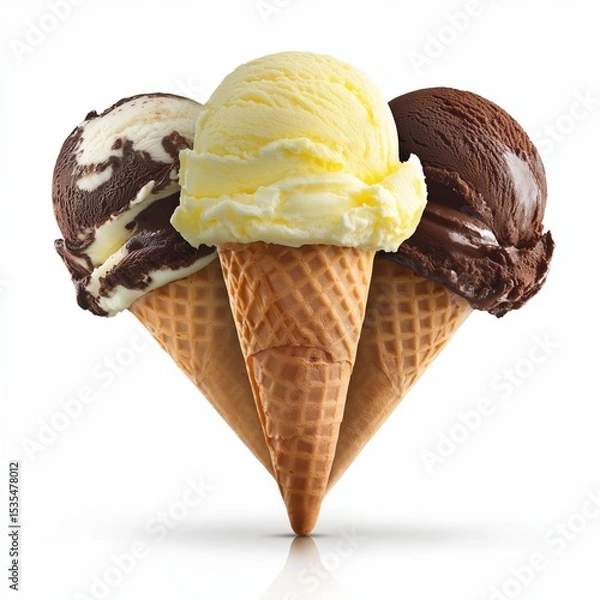 Obraz Ice cream scoops with cone isolated on white background.